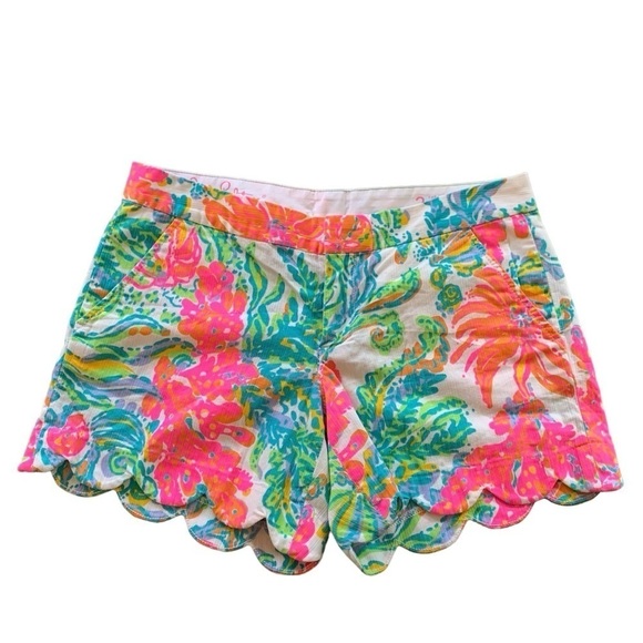 Lilly Pulitzer sz 2 Casa Marina Neon Floral Buttercup Scalloped Hem Shorts - Picture 2 of 7